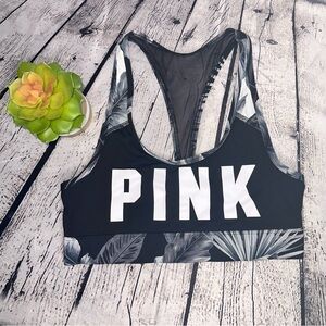 Victoria’s Secret PINK Sport Bra Medium Black, Gray, White Floral Flowers Leaves
